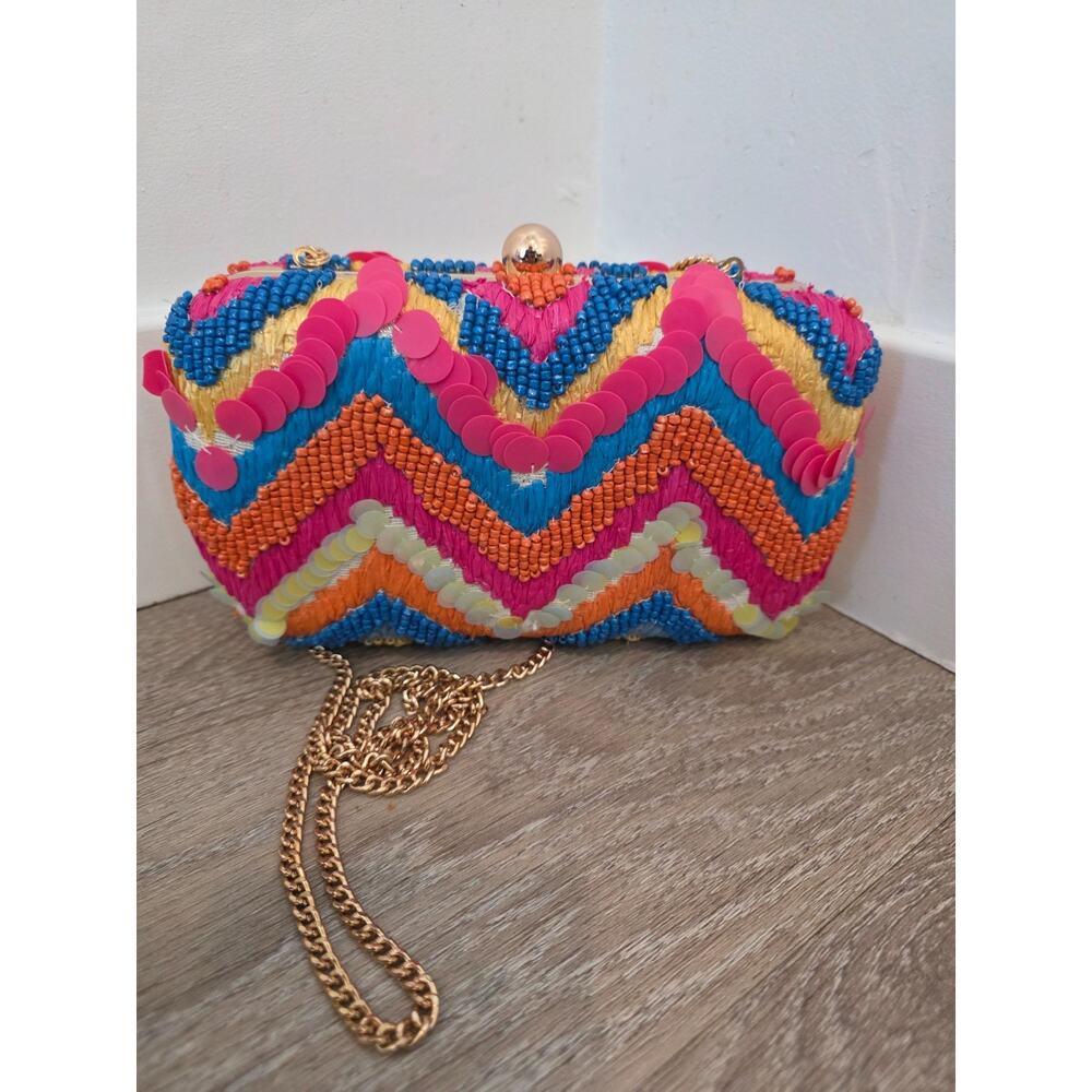 Brooke Webb Beaded Crossbody Clutch Handbag Multi Color Vibrant Gold Chain